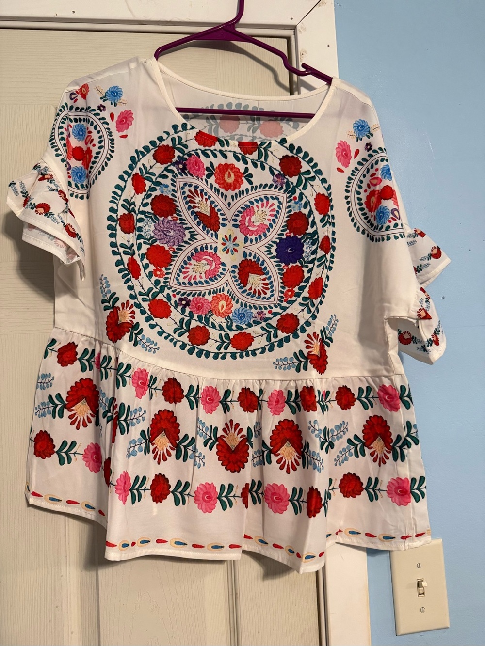 Boho Embroidered Floral Peplum Top - White with Red & Pink